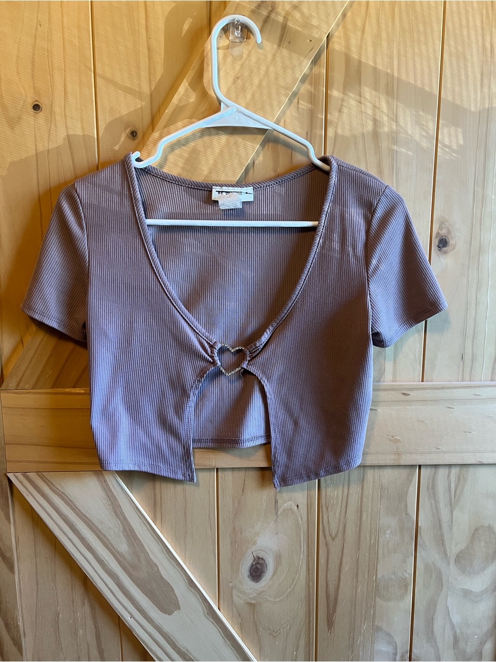 Ribbed Mauve Crop Top with Heart Ring Front Size M Summer Beach Y2K Hippie 90s